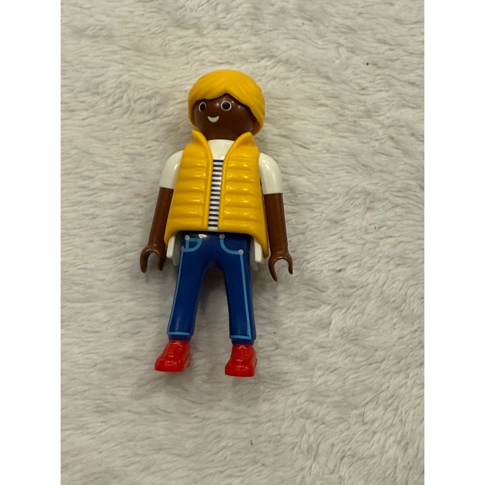 Playmobil Male Figure Yellow Puffer Vest Blonde Hair Blue Jeans Red Shoes 3 Inch